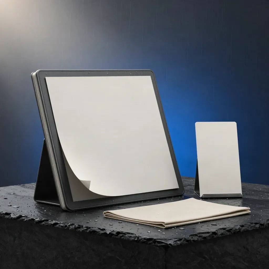 Charcoal website kit on wet slate with mockup boards, lead-form card and misty dawn light.