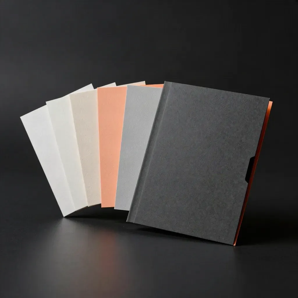 Identity kit with blank swatches, embossed samples and folder on a dark studio surface