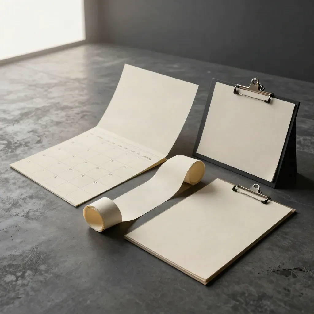 Diagonal content plan kit with blank tiles, paper strips and mini boards on concrete.